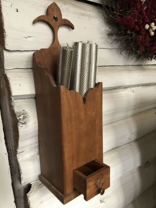 Vintage Primitive Wooden Candle Wall Box With Carved Match Drawer 2