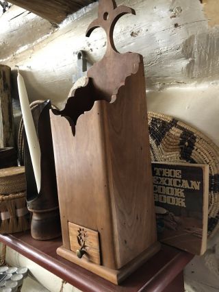 Vintage Primitive Wooden Candle Wall Box With Carved Match Drawer 3