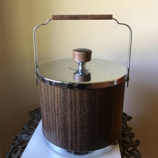 Vintage Atapco Faux Wood Grain Ice Bucket Real Wood Handles 1960s