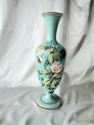 Antique Bohemian Czech Opaline Vase Enameled Flowers And Butterfly Turquoise