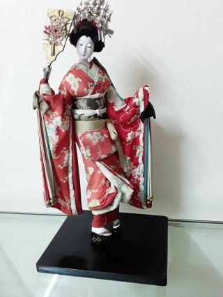Vintage Japanese Geisha Doll In Kimono,  On Wooden Base