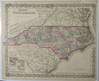 Map North Carolina 1855 Hand Colored J H Colton Pre - Civil War