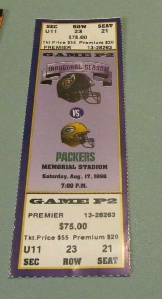 1996 Baltimore Ravens Green Bay Packers Nfl Pre Season Football Game Full Ticket