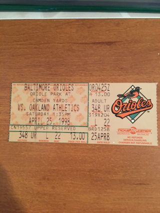 Baltimore Orioles Vs Athletics April 25 1998 Ticket Stub Cal Ripken Jr 2500 Game