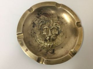 Vtg Solid Brass Lion Head Ashtray Round Embossed Mcm Design
