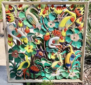 Vintage Wood Carving Crane Bird Flower Wall Mount Lattice 34.  5” X 34.  5”