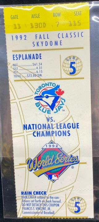 1992 Game 5 World Series Ticket Stub Atlanta Braves At Toronto Shape Others
