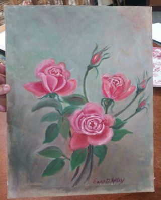 Oil Painting Pink Roses Antique Artist Signed Still Life Edna B.  Mcvay