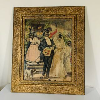 Antique 19thc Victorian Embroidery Black Americana Folk Art Wedding Party Framed