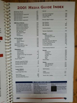 2001 England Patriots Press Media Guide Record Book Tom Brady 1st Bowl 2