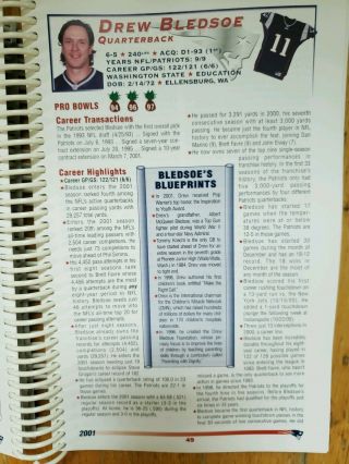 2001 England Patriots Press Media Guide Record Book Tom Brady 1st Bowl 3