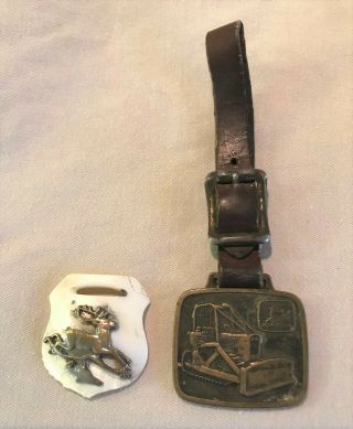 2 Antique John Deere Pocket Watch Fobs - Rare Mother Of Pearl & Silver