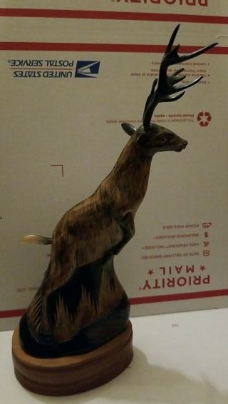 Vintage Horn Sculpture Stag Deer Statue Figure Hand Carved Glass Eyes 11 " Tall