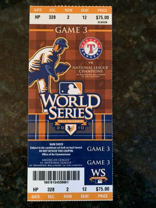 ⚾2010 World Series Ticket Game 3 San Francisco Giants Vs Texas Rangers⚾
