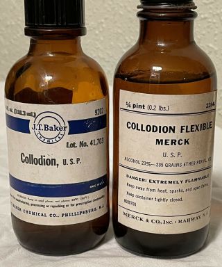 Vintage Collodion Flexible Merck & Jt Baker 4 Oz Two Glass Bottles