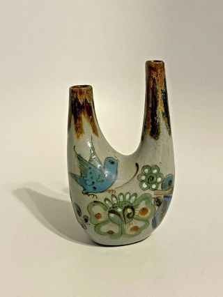 Vintage Ken Edwards Pottery Tonala Bluebird Flower Double Bud Vase Signed
