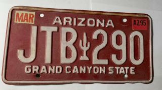 License Plate Blowout: Vintage 1990s Red Raised Letters Arizona Jtb 290