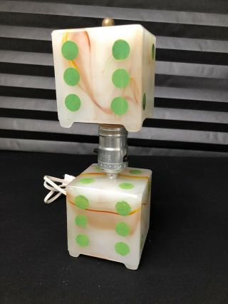 Antique Desk Lamp Slag Glass Painted Dice Very Cool & Rare Cross Collectible