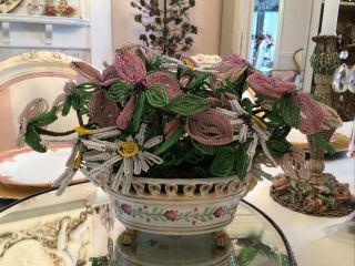 Antique Vtg French Beaded Pink Flowers Italian Porcelain Bonwit Teller Valentine