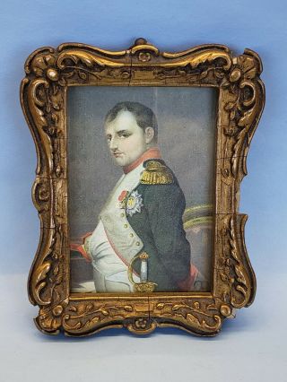 Antique French Miniature Portrait Print Of Napoleon In Gilt Wooden Frame