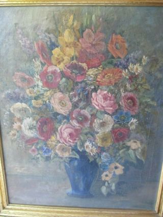 Antique Vintage 1930s Cottage Oil Painting Floral Pink Roses 31 " X 26 " Framed