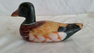 Vintage Small Carved Wood Duck Decoy,  Glass Eyes,  Paint,  Chipped Tail 10 "