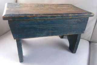 Antique American Folk Art Primitive Wooden Bench Step Milking Stool Blue Paint