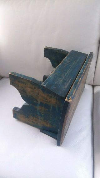 Antique American Folk Art Primitive Wooden Bench Step Milking Stool Blue Paint 3