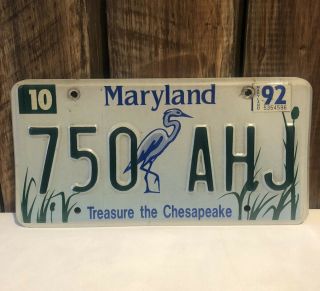 Maryland 1992 Treasure The Chesapeake License Plate 750 Ahj ‘92 Sticker