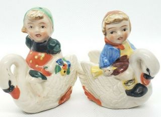 Vintage Dutch Children Riding Geese Salt And Pepper Shakers Japan