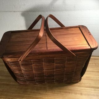 Rare Antique Vintage Large Woven Picnic Basket W/2 Piece Sliding Lid - Farm