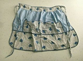 Vintage Mcm Homemade Cotton Half Apron Blue Black White Polka Dot Roses Pockets