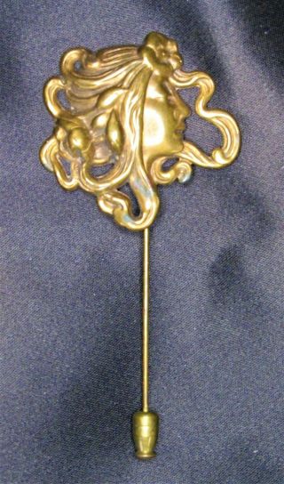 Vintage Art Nouveau Ladies Face With Swirling Hair Copper Stick Pin