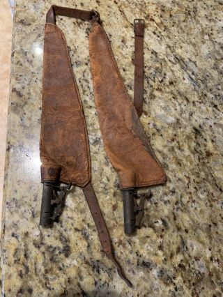 2 Rare Antique Civil War Era Leather Gun Powder Bags W/ Leather Straps