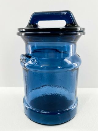 Le Smith Mid Century Blue Glass Milk Can Canister/ Jar Medium 9 1/2 " Vintage