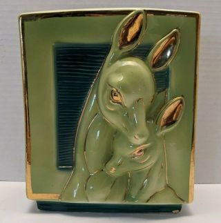 Vintage Royal Copley Mid - Century Planter Vase Deer Fawn Teal & Chartreuse Green