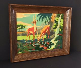 Vintage 50’s Paint By Number African “gazelles” Canvas Wrapped Board/wood Frame