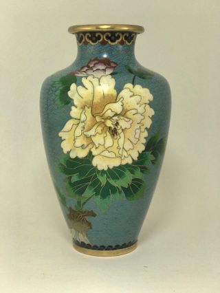 Vintage Chinese Cloisonne Enamel Brass 8 " Vase Blue White Chrysanthemum