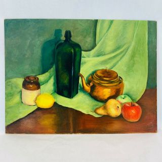 Vintage 70’s Oil On Canvas Board Still Life Fruit Bottle Painting - 24 X 18