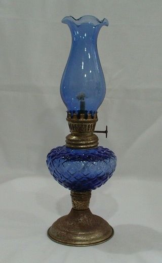 Vintage Cobalt Blue Diamond Pattern Glass Small Oil Lamp 9 1/2 "