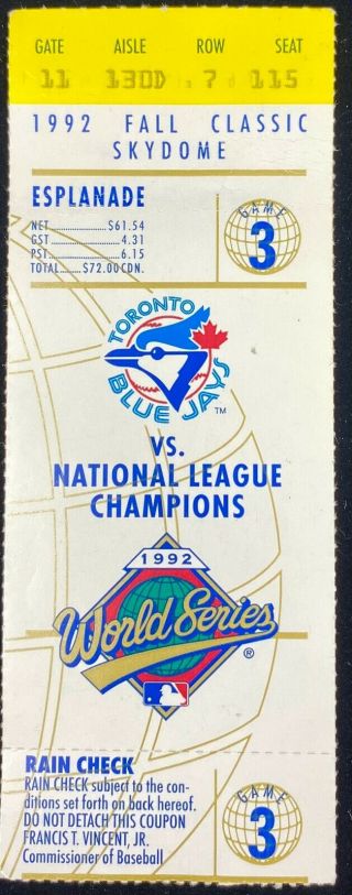 1992 Game 3 World Series Ticket Stub Atlanta Braves At Toronto Shape Others