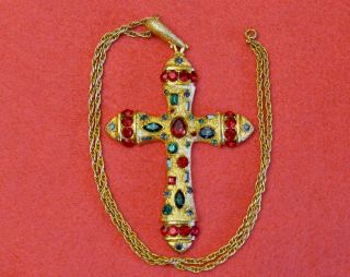 Vintage Multi Color Rhinestone Large Cross Pendant Gold Tone Chain Necklace