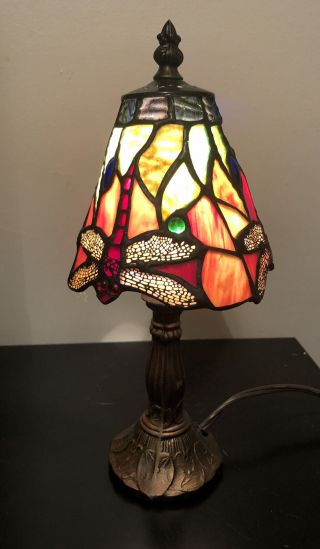 Vintage 12” Tiffany Style Dragonfly Stained Glass Lamp,  Lily Pad Base