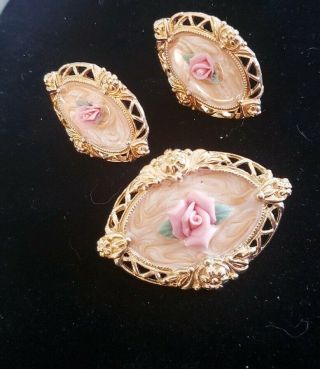 Vintage Goldtone Pink Porcelain Rose And Enamel Pin And Pierced Earring Set