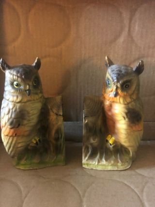 Vintage Ceramic Owl On Branch Bookends Mid Century