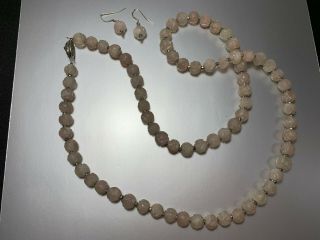 Antique Chinese Rose Quartz Carved Beads,  Necklace & Earrings,  Sterling