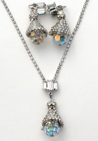 Crystal Ab Bead & Clear Rhinestone Demi Set Necklace Earrings Vintage Jewelry