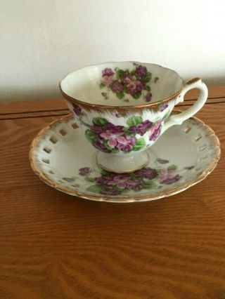 Vintage Teacup Tea Cup Saucer Hand Painted Violets Flowers Gold Trim Japan