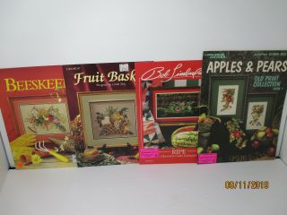 4 Vintage Cross Stitch Leaflets Beeskeep Fruit Basket Watermelon Apples & Pears