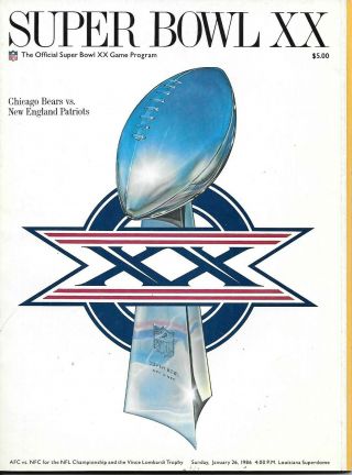 1985 Bowl Xx Program,  Patriots Vs.  Bears,  178 Pages,  Vg/ex